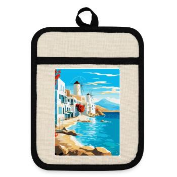 Mykonos Griechenland Vintage Reiseplakat Souvenir WPA - Topflappen mit Gummirückseite - Leinen/Schwarz  - Vorne