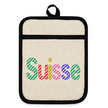 SCHWEIZ. HUMOR. LAND. FLAGGE. GENF. LAUSANNE - Topflappen mit Gummirückseite - Leinen/Schwarz  - Vorne