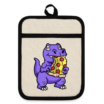 Kleiner süßer Dino Pizza Kind naschen Baby Hunger - Topflappen mit Gummirückseite - Leinen/Schwarz  - Vorne