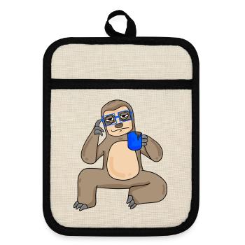 Faultier mit Brille und Kaffee - Topflappen mit Gummirückseite - Leinen/Schwarz  - Vorne