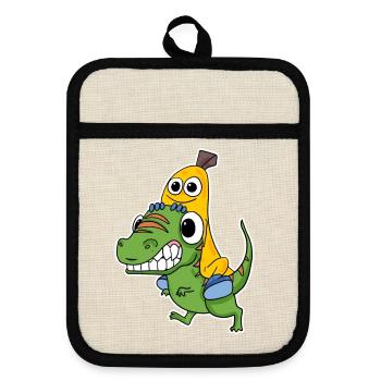 Böser Dinosaurier und süße Banane - Topflappen mit Gummirückseite - Leinen/Schwarz  - Vorne