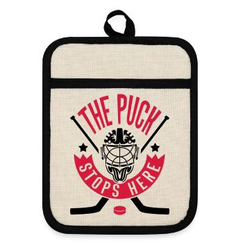 Hockey Goalie Design - The Puck Stops Here   - Pot holders with rubber back - linen/black  - Front