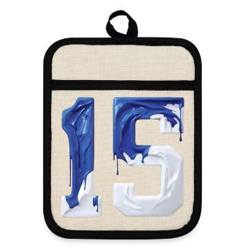 NO. 15 NUMBER 15 BLUE WHITE 15TH BIRTHDAY - Pot holders with rubber back - linen/black  - Front