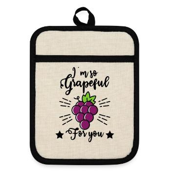 I'm So Grapeful For You – Lustiges Traubenmotiv - Topflappen mit Gummirückseite - Leinen/Schwarz  - Vorne