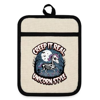 Grusel es im echten Einhorn-Stil - Topflappen mit Gummirückseite - Leinen/Schwarz  - Vorne