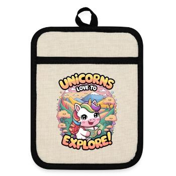 Unicorns Love To Explore! - Pot holders with rubber back - linen/black  - Front