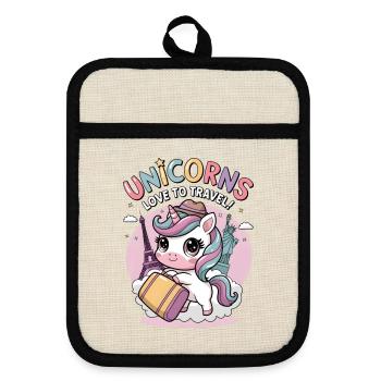 Unicorns Love To Travel! - Pot holders with rubber back - linen/black  - Front