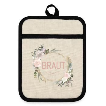 Team Braut! Eukalyptus Blumen Kreis - Topflappen mit Gummirückseite - Leinen/Schwarz  - Vorne
