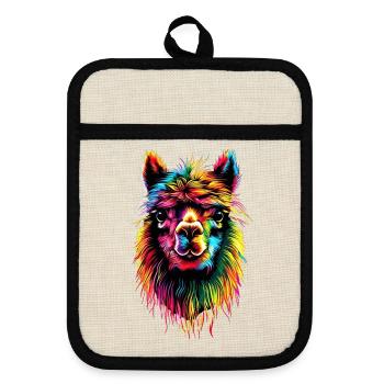 Alpaca Pop Art Bright Colors Llama Rainbow Alpaca - Pot holders with rubber back - linen/black  - Front