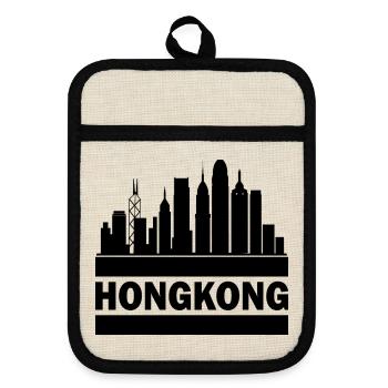 Hong Kong Skyline Souvenir Asia Buddha Gift Om - Pot holders with rubber back - linen/black  - Front
