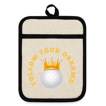 FOLLOW YOUR DREAMS GOLFBALL mit Krone - Topflappen mit Gummirückseite - Leinen/Schwarz  - Vorne
