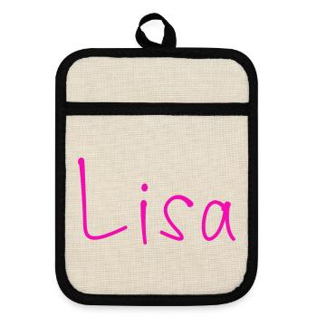 Lisa Schriftzug Neonpink - Topflappen mit Gummirückseite - Leinen/Schwarz  - Vorne