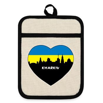 Flaggen-Skyline-Reise-Andenken Charkiws Ukraine - Topflappen mit Gummirückseite - Leinen/Schwarz  - Vorne