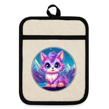 Pixie Cat Bunte Karikatur Aquarell Illustration - Topflappen mit Gummirückseite - Leinen/Schwarz  - Vorne