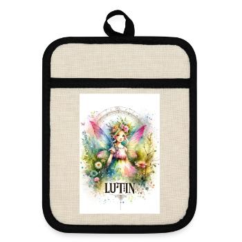 Prinzessin - Pixies - Blumen, Aquarell, Fee - Topflappen mit Gummirückseite - Leinen/Schwarz  - Vorne
