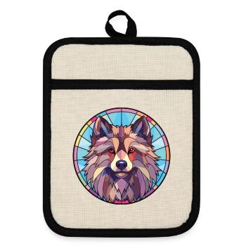 Keeshond Hunderasse Aquarell Glas Illustration - Topflappen mit Gummirückseite - Leinen/Schwarz  - Vorne