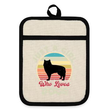 Alaskan Malamute Hundeliebhaber Silhouette Retro Sonnenuntergang - Topflappen mit Gummirückseite - Leinen/Schwarz  - Vorne