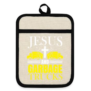 Jesus und Müllwagen Müllsammler Recycling - Topflappen mit Gummirückseite - Leinen/Schwarz  - Vorne
