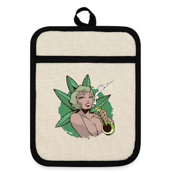 Pin Up Girl Cannabis Marihuana Sexy Bong - Topflappen mit Gummirückseite - Leinen/Schwarz  - Vorne