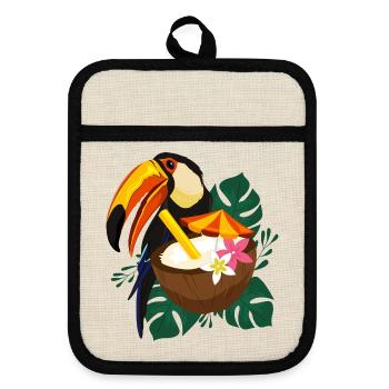 Tropischer Toucan mit Sonne - Sommer Design - Topflappen mit Gummirückseite - Leinen/Schwarz  - Vorne