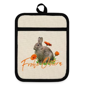 Frohe Ostern Osterhase - Topflappen mit Gummirückseite - Leinen/Schwarz  - Vorne