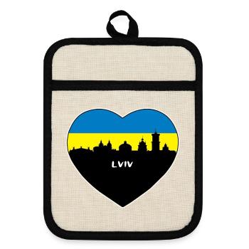 Flaggen-Skyline-Reise-Andenken Lembergs Ukraine - Topflappen mit Gummirückseite - Leinen/Schwarz  - Vorne