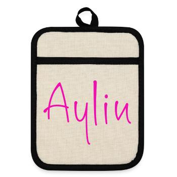 Aylin NeonPink Schriftzug - Topflappen mit Gummirückseite - Leinen/Schwarz  - Vorne