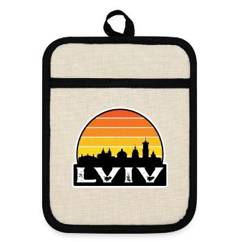 Lwiw Ukraine Flagge Skyline Reisesouvenir - Topflappen mit Gummirückseite - Leinen/Schwarz  - Vorne