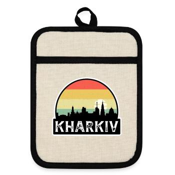 Charkiw Ukraine Flagge Skyline Reisesouvenir - Topflappen mit Gummirückseite - Leinen/Schwarz  - Vorne
