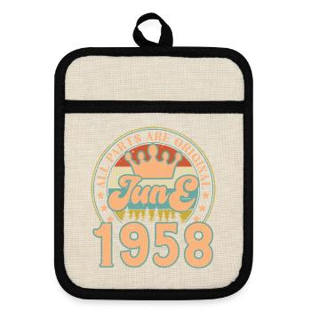 Juni 1958. Juni 1958 Geburtstagsgeschenk. Juni - Topflappen mit Gummirückseite - Leinen/Schwarz  - Vorne