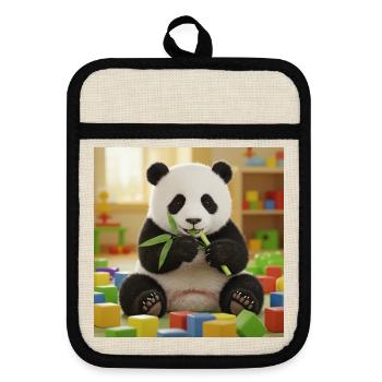 Süßer Panda mit bunten Spielzeugen - Topflappen mit Gummirückseite - Leinen/Schwarz  - Vorne