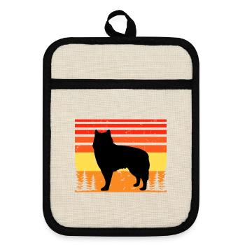 Alaskan Malamute Hundeliebhaber Silhouette Retro Sonnenuntergang - Topflappen mit Gummirückseite - Leinen/Schwarz  - Vorne