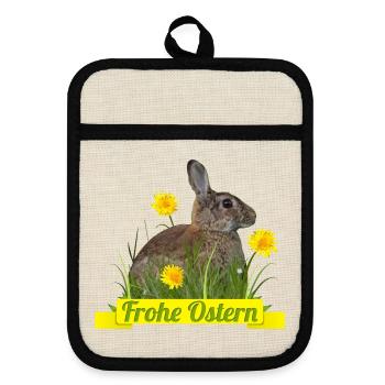 Frohe Ostern Osterhase - Topflappen mit Gummirückseite - Leinen/Schwarz  - Vorne