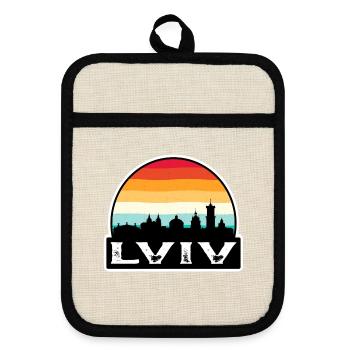 Lwiw Ukraine Flagge Skyline Reisesouvenir - Topflappen mit Gummirückseite - Leinen/Schwarz  - Vorne