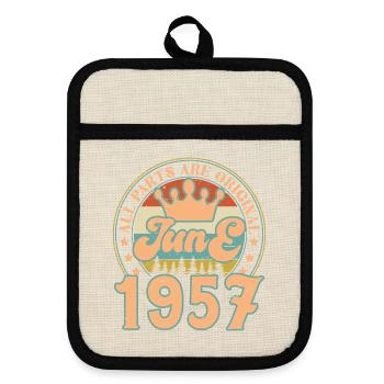 Juni 1957. Juni 1957 Geburtstagsgeschenk. Juni - Topflappen mit Gummirückseite - Leinen/Schwarz  - Vorne