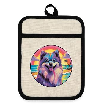 Keeshond Hunderasse Buntes Karikatur-Aquarell - Topflappen mit Gummirückseite - Leinen/Schwarz  - Vorne