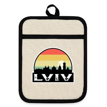 Lwiw Ukraine Flagge Skyline Reisesouvenir - Topflappen mit Gummirückseite - Leinen/Schwarz  - Vorne