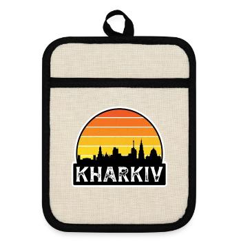 Charkiw Ukraine Flagge Skyline Reisesouvenir - Topflappen mit Gummirückseite - Leinen/Schwarz  - Vorne