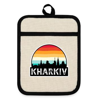 Charkiw Ukraine Flagge Skyline Reisesouvenir - Topflappen mit Gummirückseite - Leinen/Schwarz  - Vorne