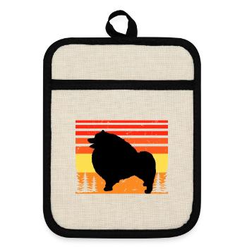 Keeshond Hundeliebhaber Silhouette Vintage Sonnenuntergang - Topflappen mit Gummirückseite - Leinen/Schwarz  - Vorne