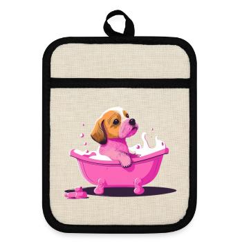 Süsser junger Hund in der Badewanne - Topflappen mit Gummirückseite - Leinen/Schwarz  - Vorne