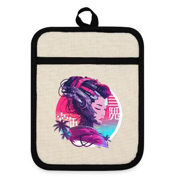 Geisha 80s Cyborg Lady - Topflappen mit Gummirückseite - Leinen/Schwarz  - Vorne