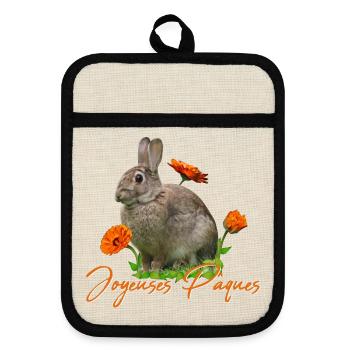 Joyeuses Paques Frohe Ostern - Topflappen mit Gummirückseite - Leinen/Schwarz  - Vorne
