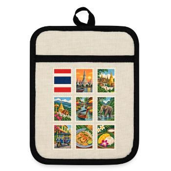 Thailand Briefmarken - Topflappen mit Gummirückseite - Leinen/Schwarz  - Vorne