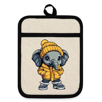 Elefant mit gelber Winterjacke und Mütze - Topflappen mit Gummirückseite - Leinen/Schwarz  - Vorne
