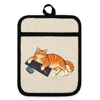 Mein Schreibtisch – Katze auf der Tastatur - Topflappen mit Gummirückseite - Leinen/Schwarz  - Vorne