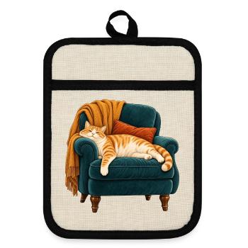 Sitzplatz übernommen – Katze im Vintage-Sessel - Topflappen mit Gummirückseite - Leinen/Schwarz  - Vorne