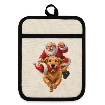 Golden Retriever klaut Weihnachtsmannmütze - Topflappen mit Gummirückseite - Leinen/Schwarz  - Vorne