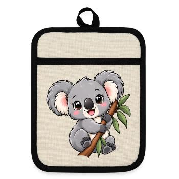 Kawaii Koala – Flauschiger Eukalyptusfreund - Topflappen mit Gummirückseite - Leinen/Schwarz  - Vorne