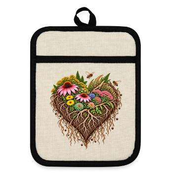 Wurzelherz Blumenpracht - Topflappen mit Gummirückseite - Leinen/Schwarz  - Vorne